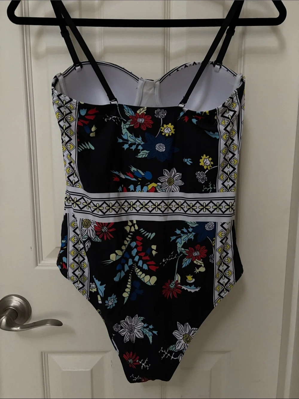 SHEIN Black Floral One-Piece Swimsuit with Contrast Trim